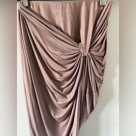 Knot-Front Draped Asymmetrical Midi Bodycon Skirt - Taupe - Picture 2 of 5
